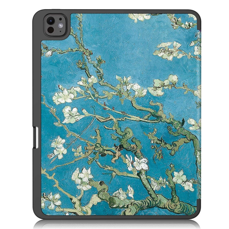 For iPad Pro 13 2024 Custer Painted 3-Fold Holder Smart Leather Tablet Case with Pen Tray(Apricot Flower)