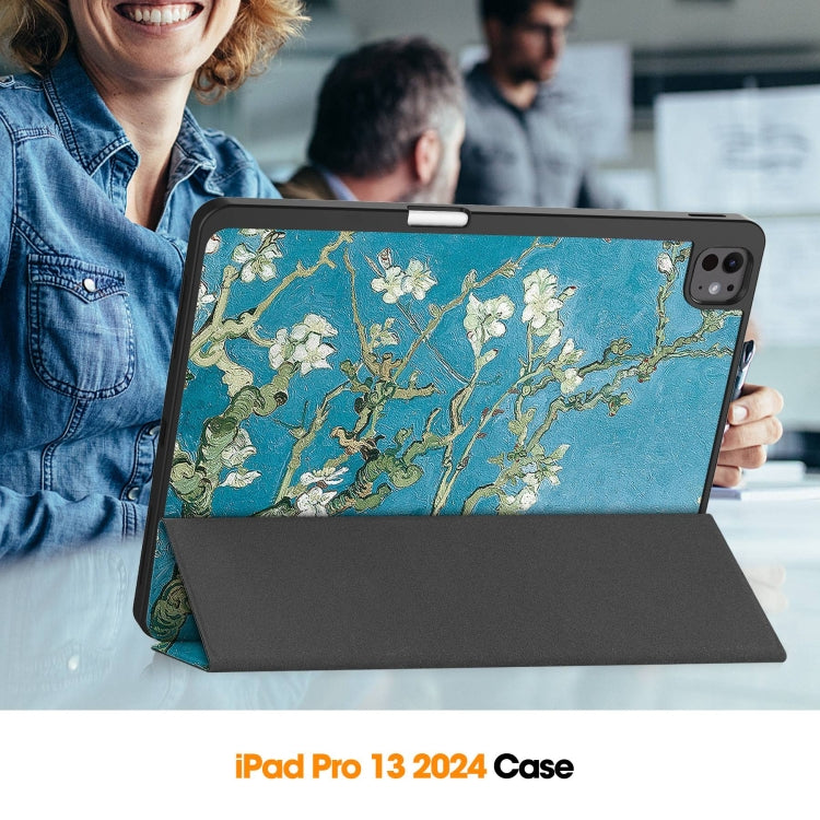For iPad Pro 13 2024 Custer Painted 3-Fold Holder Smart Leather Tablet Case with Pen Tray(Apricot Flower)