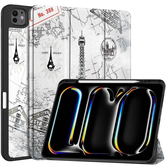 For iPad Pro 13 2024 Custer Painted 3-Fold Holder Smart Leather Tablet Case with Pen Tray(Eiffel Tower)