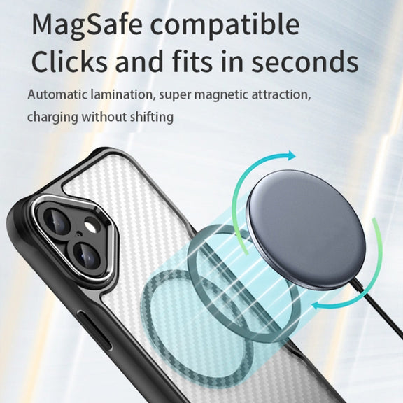 For iPhone 16 Plus Carbon Fiber Texture MagSafe Translucent Phone Case(Black)