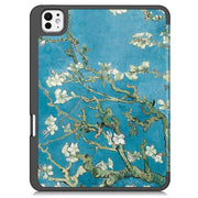 For iPad Pro 11 2024 Custer Painted 3-Fold Holder Smart Leather Tablet Case with Pen Tray(Apricot Flower)