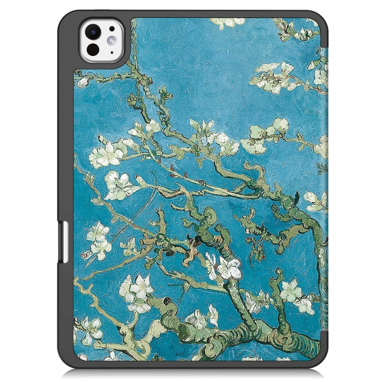 For iPad Pro 11 2024 Custer Painted 3-Fold Holder Smart Leather Tablet Case with Pen Tray(Apricot Flower)