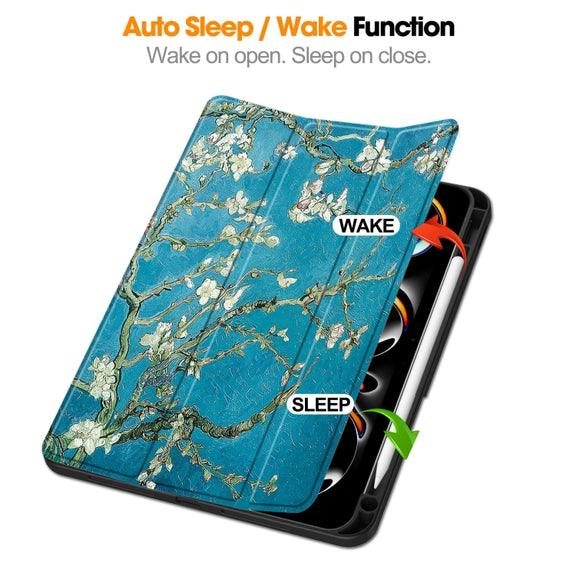 For iPad Pro 11 2024 Custer Painted 3-Fold Holder Smart Leather Tablet Case with Pen Tray(Apricot Flower)