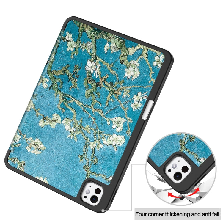 For iPad Pro 11 2024 Custer Painted 3-Fold Holder Smart Leather Tablet Case with Pen Tray(Apricot Flower)