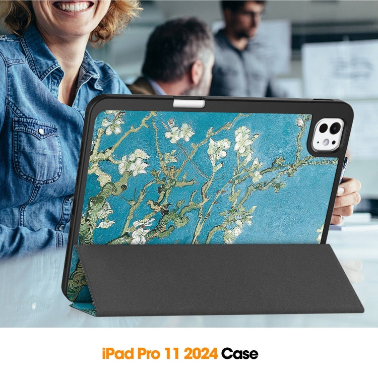 For iPad Pro 11 2024 Custer Painted 3-Fold Holder Smart Leather Tablet Case with Pen Tray(Apricot Flower)