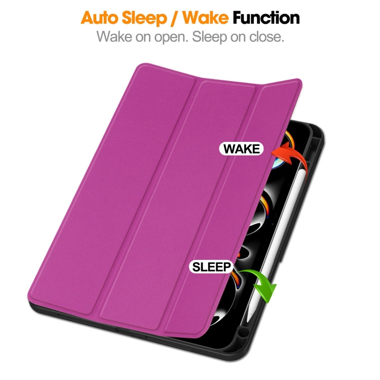For iPad Pro 11 2024 Custer TPU Pure Color 3-Fold Holder Smart Leather Tablet Case with Pen Tray(Purple) - free shipping - PMC TechLife - Order now!