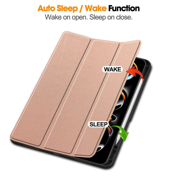 For iPad Pro 13 2024 Custer TPU Pure Color 3-Fold Holder Smart Leather Tablet Case with Pen Tray(Rose Gold)