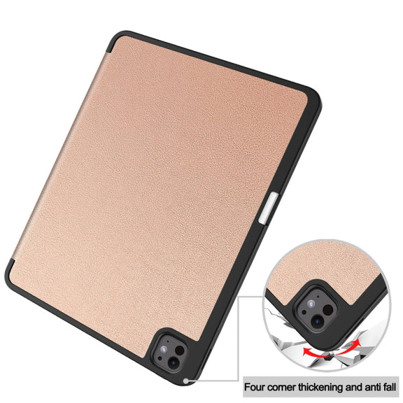 For iPad Pro 13 2024 Custer TPU Pure Color 3-Fold Holder Smart Leather Tablet Case with Pen Tray(Rose Gold)