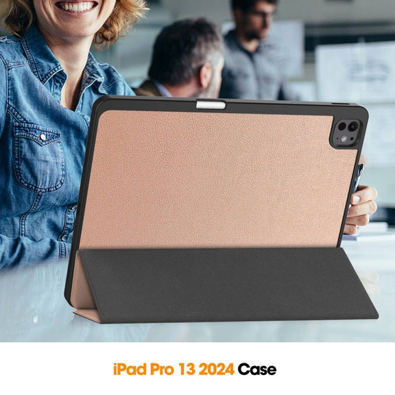 For iPad Pro 13 2024 Custer TPU Pure Color 3-Fold Holder Smart Leather Tablet Case with Pen Tray(Rose Gold)