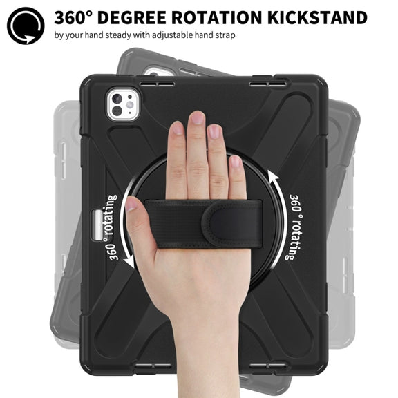 For iPad Pro 13 2024 Rotatable Holder Silicone Hybrid PC Tablet Case with Shoulder Strap(Black)