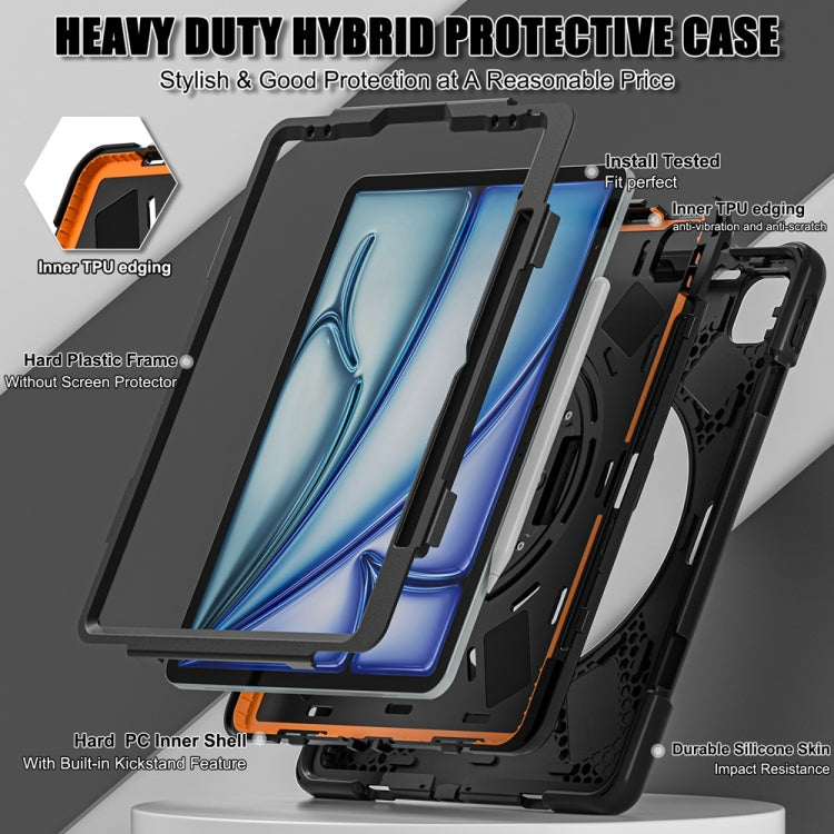 For iPad Air 13 2024 / Air 13 2025 Rotatable Holder Silicone Hybrid PC Tablet Case with Shoulder Strap(Black)