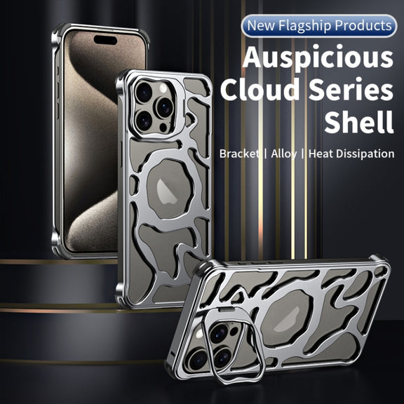 For iPhone 16 Auspicious Cloud Series MagSafe Metal Phone Case with Bracket(Silver)