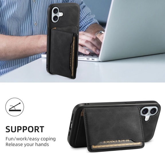 For iPhone 16 Denior D13 Retro Texture Leather MagSafe Card Bag Phone Case(Black)