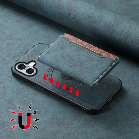 For iPhone 16 Denior D13 Retro Texture Leather MagSafe Card Bag Phone Case(Blue)