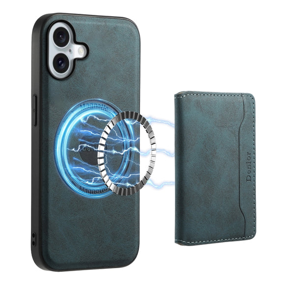 For iPhone 16 Denior D13 Retro Texture Leather MagSafe Card Bag Phone Case(Blue)