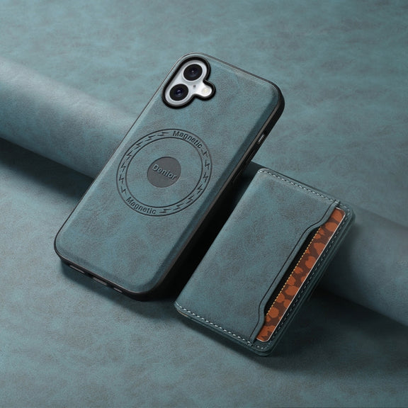 For iPhone 16 Plus Denior D13 Retro Texture Leather MagSafe Card Bag Phone Case(Blue)