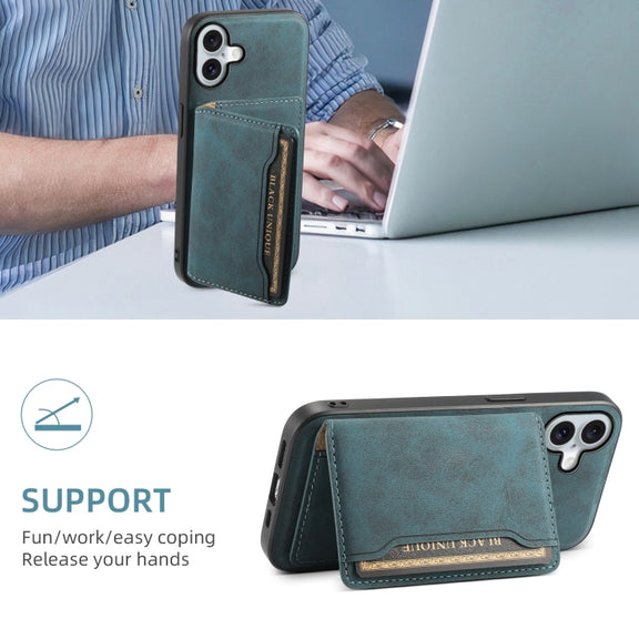 For iPhone 16 Plus Denior D13 Retro Texture Leather MagSafe Card Bag Phone Case(Blue)