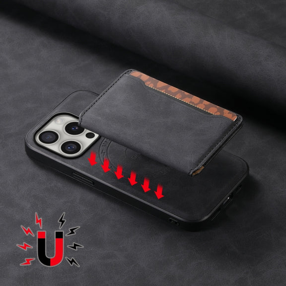 For iPhone 16 Pro Denior D13 Retro Texture Leather MagSafe Card Bag Phone Case(Black)