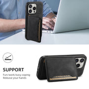 For iPhone 16 Pro Denior D13 Retro Texture Leather MagSafe Card Bag Phone Case(Black)