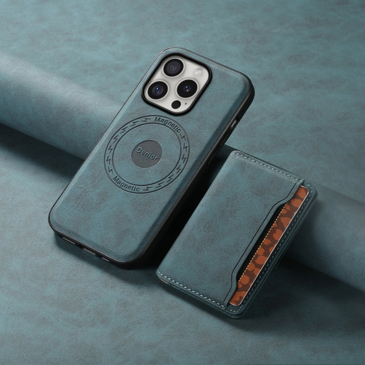 For iPhone 16 Pro Denior D13 Retro Texture Leather MagSafe Card Bag Phone Case(Blue)