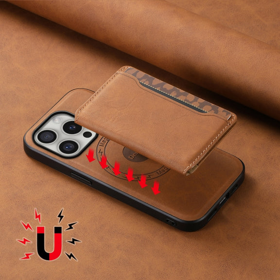 For iPhone 16 Pro Max Denior D13 Retro Texture Leather MagSafe Card Bag Phone Case(Brown)