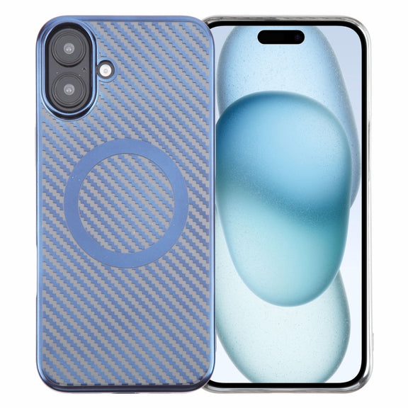 For iPhone 16 6D Plated Carbon Fiber Clear Magsafe PC Phone Case(Dream Blue)