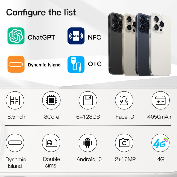 i15 Pro Max / Q5A, 6GB+128GB, 6.5 inch Screen, Face Identification, Android 10 MTK6762 Octa Core, OTG, NFC, Network: 4G, Dual SIM(Titanium Black)