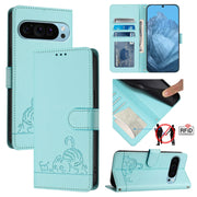 For Google Pixel 9 / 9 Pro Cat Rat Embossed Pattern RFID Leather Phone Case with Lanyard(Mint Green)