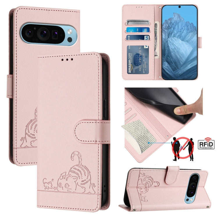 For Google Pixel 9 Pro XL Cat Rat Embossed Pattern RFID Leather Phone Case with Lanyard(Pink) - Google Cases by PMC TechLife | Online Shopping South Africa | PMC TechLife | Buy Now Pay Later Mobicred