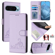 For Google Pixel 9 Pro XL Cat Rat Embossed Pattern RFID Leather Phone Case with Lanyard(Purple)