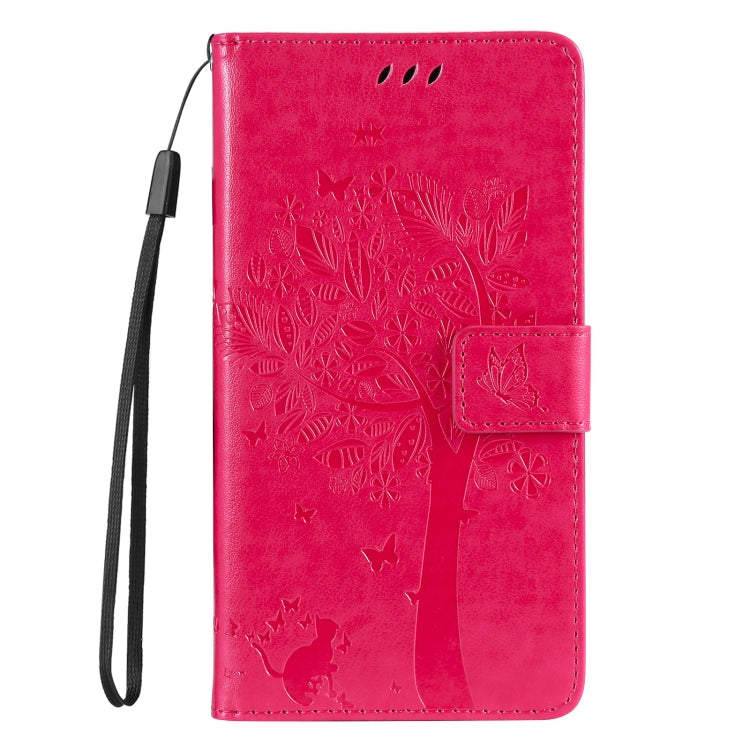 For iPhone 16e Tree & Cat Embossed Pattern Flip Leather Phone Case(Rose Red) - free shipping - PMC TechLife - Order now!