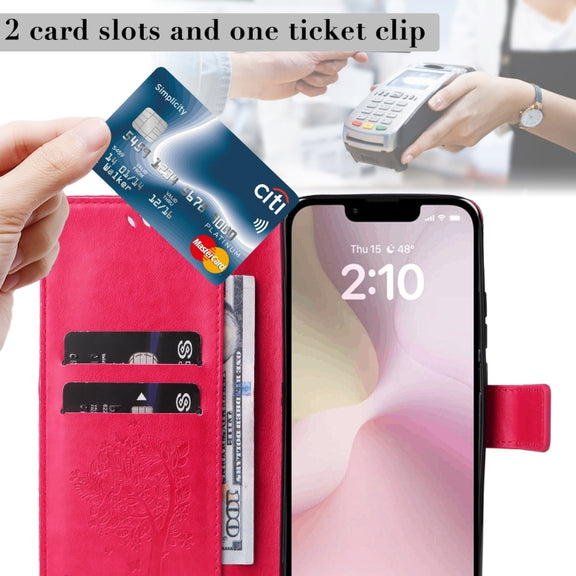 For iPhone 16e Tree & Cat Embossed Pattern Flip Leather Phone Case(Rose Red)