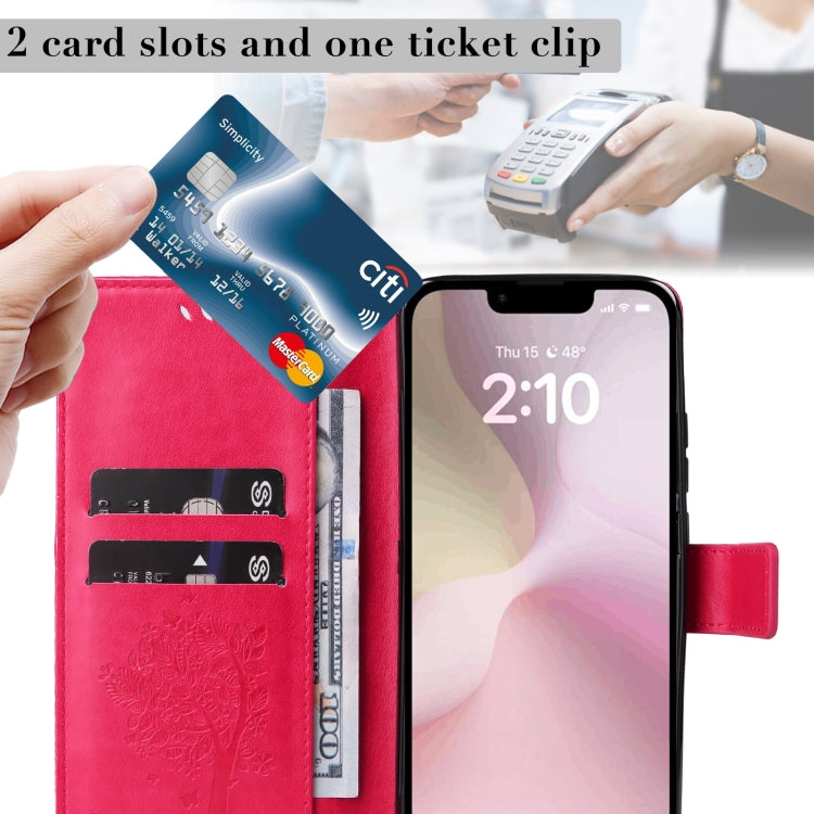 For iPhone 16e Tree & Cat Embossed Pattern Flip Leather Phone Case(Rose Red)