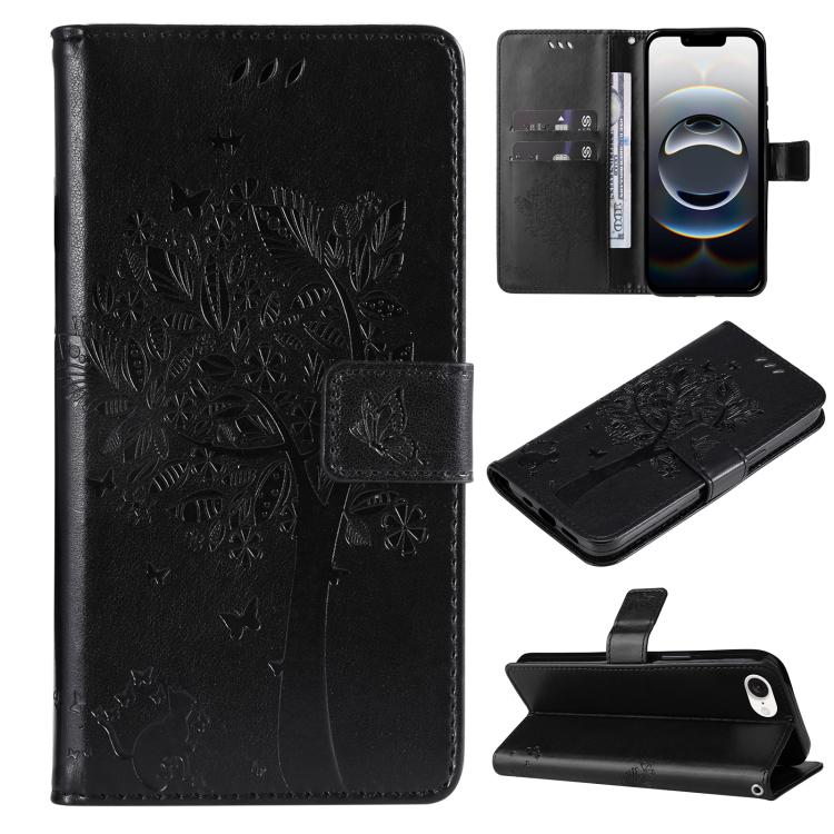 For iPhone 16e Tree & Cat Embossed Pattern Flip Leather Phone Case(Black) - free shipping - PMC TechLife - Order now!