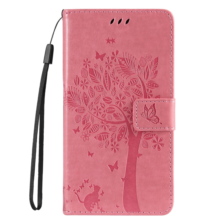 For iPhone 16 Plus Tree & Cat Embossed Pattern Flip Leather Phone Case(Pink)