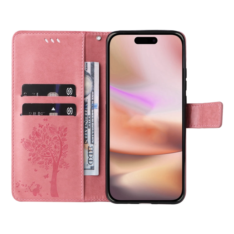 For iPhone 16 Plus Tree & Cat Embossed Pattern Flip Leather Phone Case(Pink) - iPhone 16 Plus Cases by PMC TechLife | Online Shopping South Africa | PMC TechLife | Buy Now Pay Later Mobicred