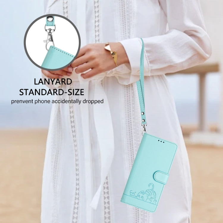 For OPPO Reno11 5G Global Cat Rat Embossed Pattern RFID Leather Phone Case with Lanyard(Mint Green) - Reno11 Cases by PMC TechLife | Online Shopping South Africa | PMC TechLife | Buy Now Pay Later Mobicred