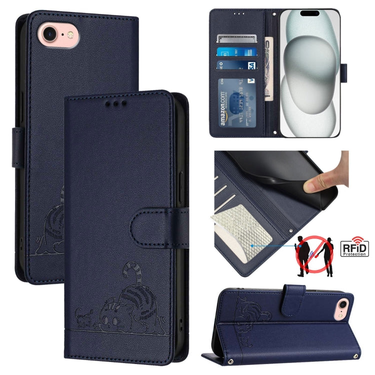 For iPhone 16e Cat Rat Embossed Pattern RFID Leather Phone Case with Lanyard(Blue) - iPhone 16e Cases by PMC TechLife | Online Shopping South Africa | PMC TechLife | Buy Now Pay Later Mobicred