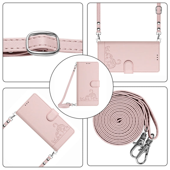 For Huawei Pura 70 Pro Cat Rat Embossed Pattern RFID Leather Phone Case with Lanyard(Pink)
