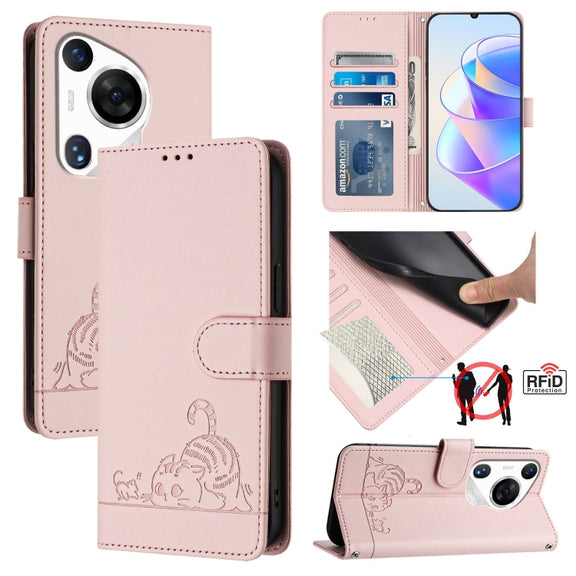 For Huawei Pura 70 Pro Cat Rat Embossed Pattern RFID Leather Phone Case with Lanyard(Pink)