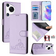 For Huawei Pura 70 Pro Cat Rat Embossed Pattern RFID Leather Phone Case with Lanyard(Purple)
