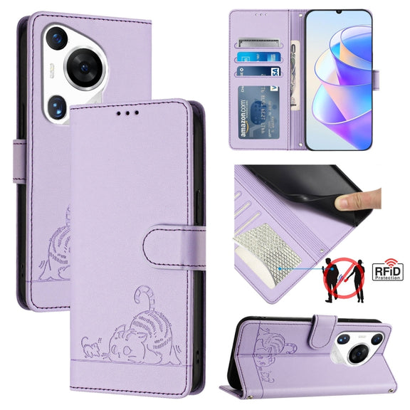 For Huawei Pura 70 Pro Cat Rat Embossed Pattern RFID Leather Phone Case with Lanyard(Purple)
