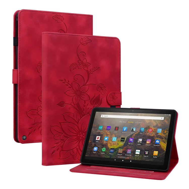 For Amazon Fire HD10 2019/2017 Lily Embossed Leather Smart Tablet Case(Red) - Amazon by PMC TechLife | Online Shopping South Africa | PMC TechLife | Buy Now Pay Later Mobicred