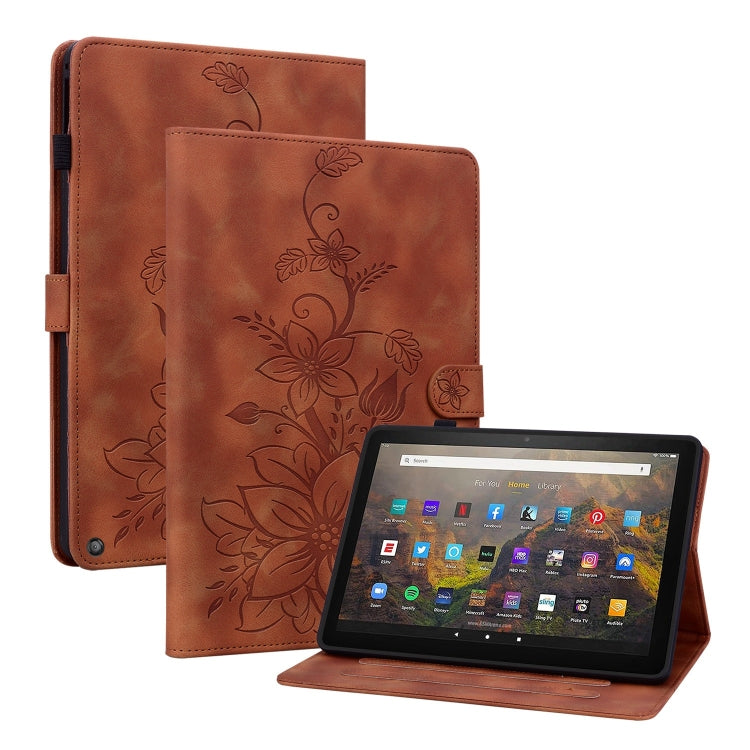 For Amazon Fire HD10 / HD10 Plus 2021 Lily Embossed Leather Smart Tablet Case(Brown) - Amazon by PMC TechLife | Online Shopping South Africa | PMC TechLife | Buy Now Pay Later Mobicred