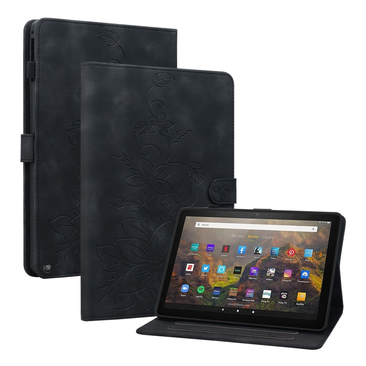 For Amazon Fire HD10 / HD10 Plus 2021 Lily Embossed Leather Smart Tablet Case(Black) - Amazon by PMC TechLife | Online Shopping South Africa | PMC TechLife | Buy Now Pay Later Mobicred