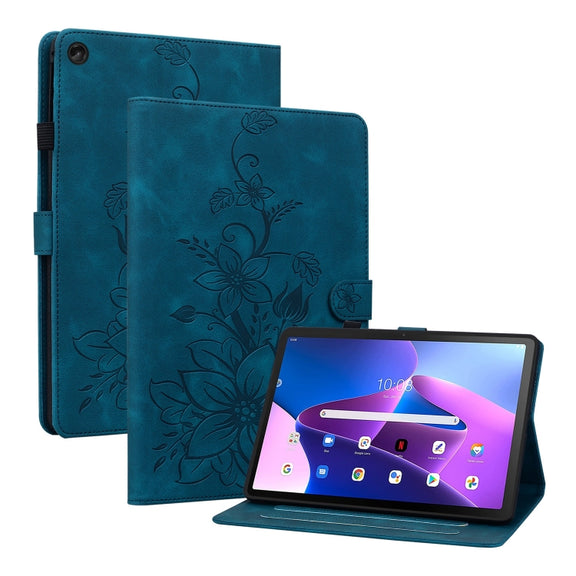 For Lenovo Tab M10 10.1 3rd Gen Lily Embossed Leather Tablet Case(Dark Blue)