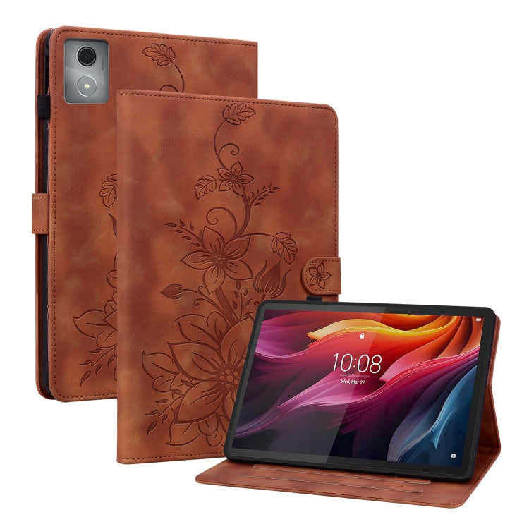 For Lenovo Tab K11 Plus Lily Embossed Leather Tablet Case(Brown) - Lenovo by PMC TechLife | Online Shopping South Africa | PMC TechLife | Buy Now Pay Later Mobicred