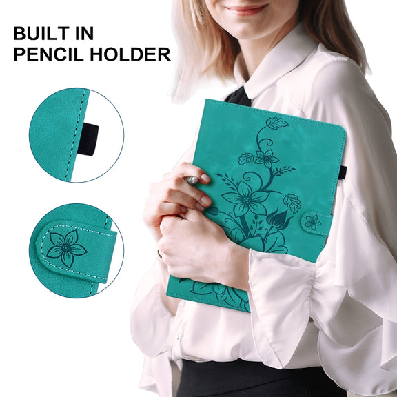 For Lenovo Tab K11 Plus Lily Embossed Leather Tablet Case(Green)