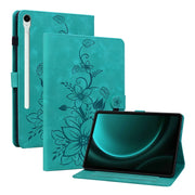 For Samsung Galaxy Tab S9 / S9 FE Lily Embossed Leather Tablet Case(Green)