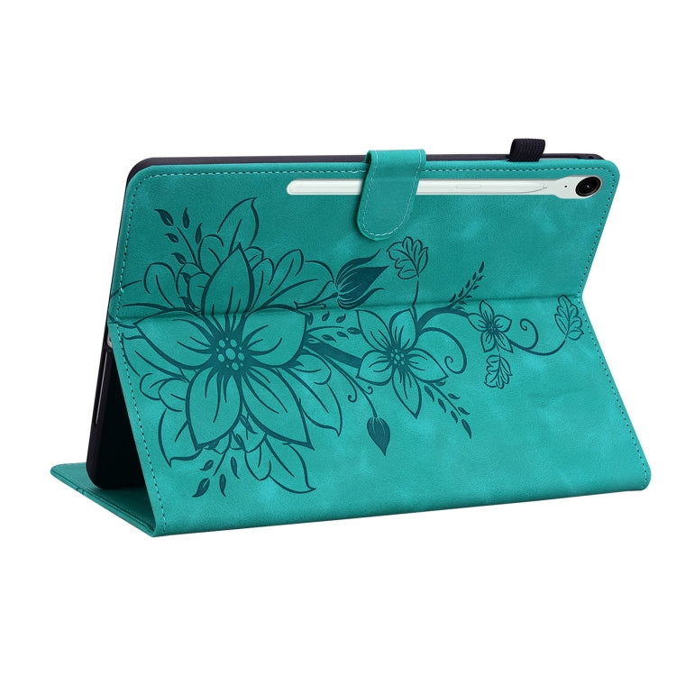 For Samsung Galaxy Tab S9 / S9 FE Lily Embossed Leather Tablet Case(Green)